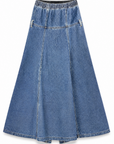 Mica strapless denim midi dress showing the panelled A line skirt, back view.