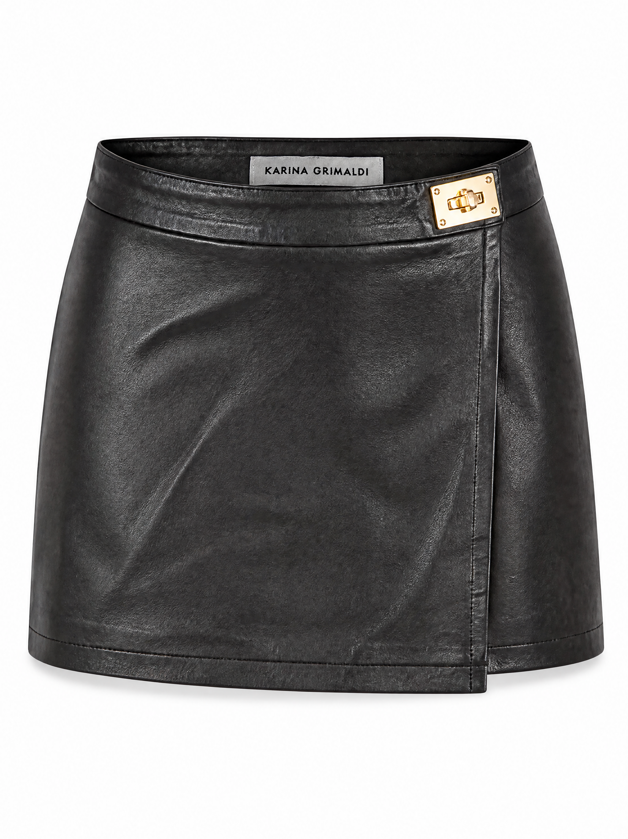 Pauli lambskin leather mini skirt in black showing the gold turnlock closure at the waist, front view.