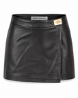 Pauli lambskin leather mini skirt in black showing the gold turnlock closure at the waist, front view.
