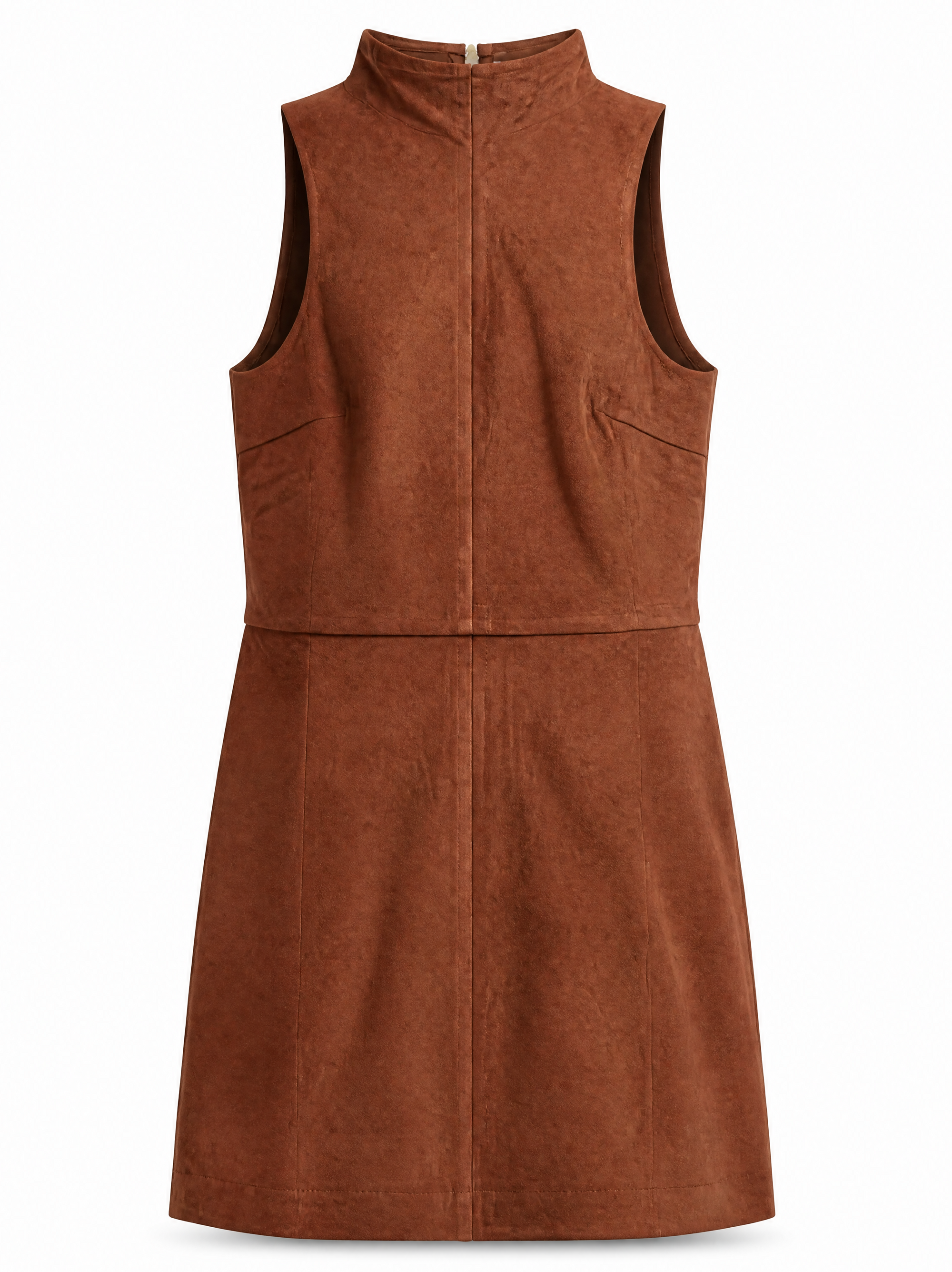 Kai vegan suede mini dress in copper cedar showing the close fit through the body, back view.