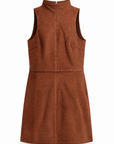 Kai vegan suede mini dress in copper cedar showing the close fit through the body, back view.