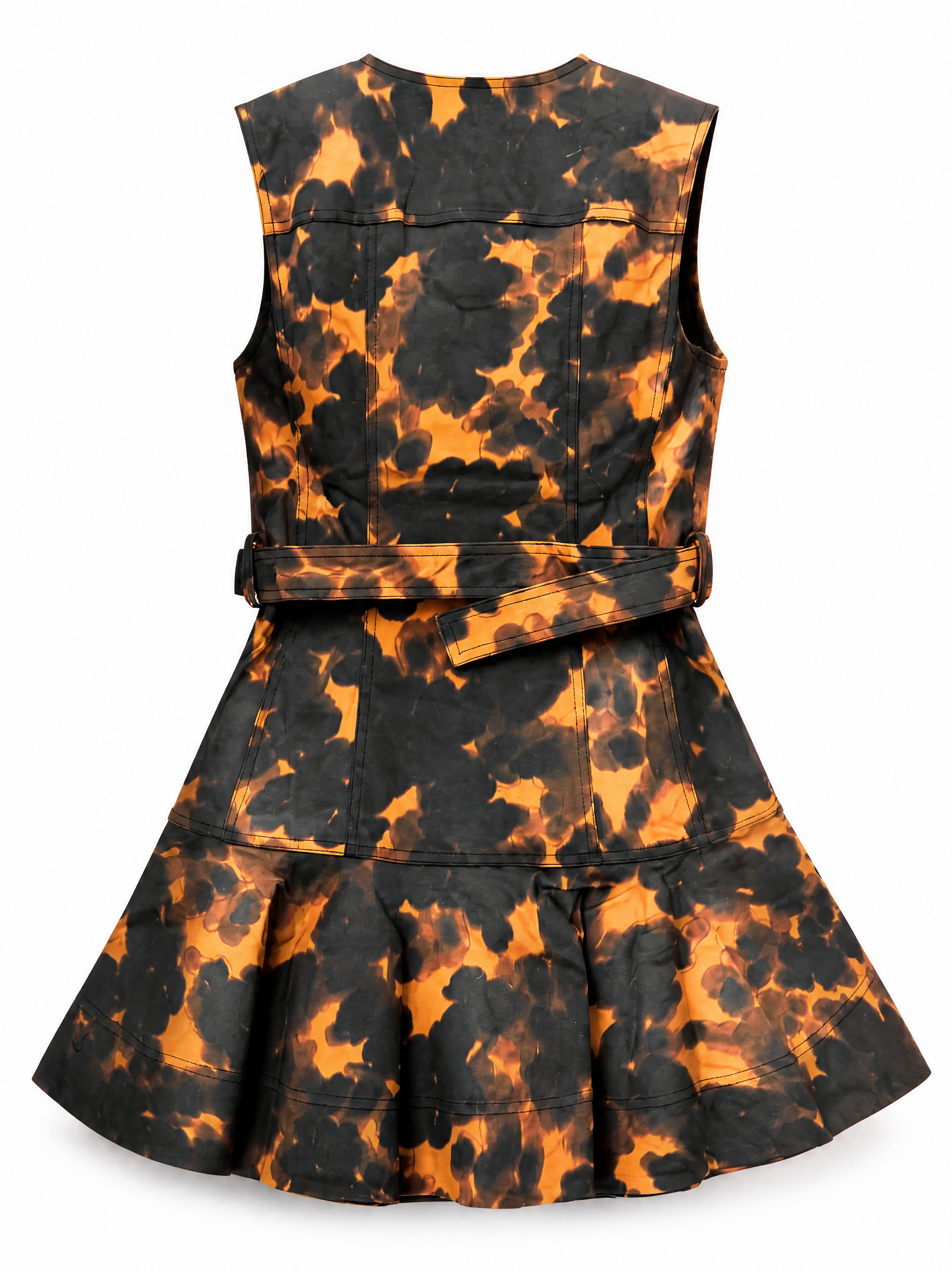 Sain print mini dress in tortoise shell showing the fluted flared skirt, back view.