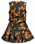Sain print mini dress in tortoise shell showing the fluted flared skirt, back view.
