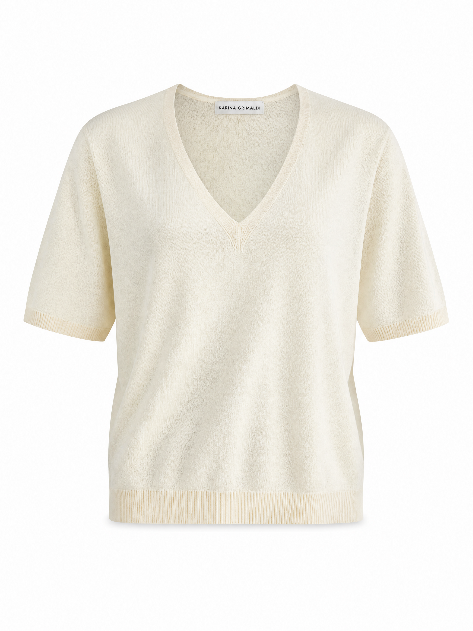 A cream-colored short-sleeve V-neck knit sweater by Karim Design, shown against a plain white background.