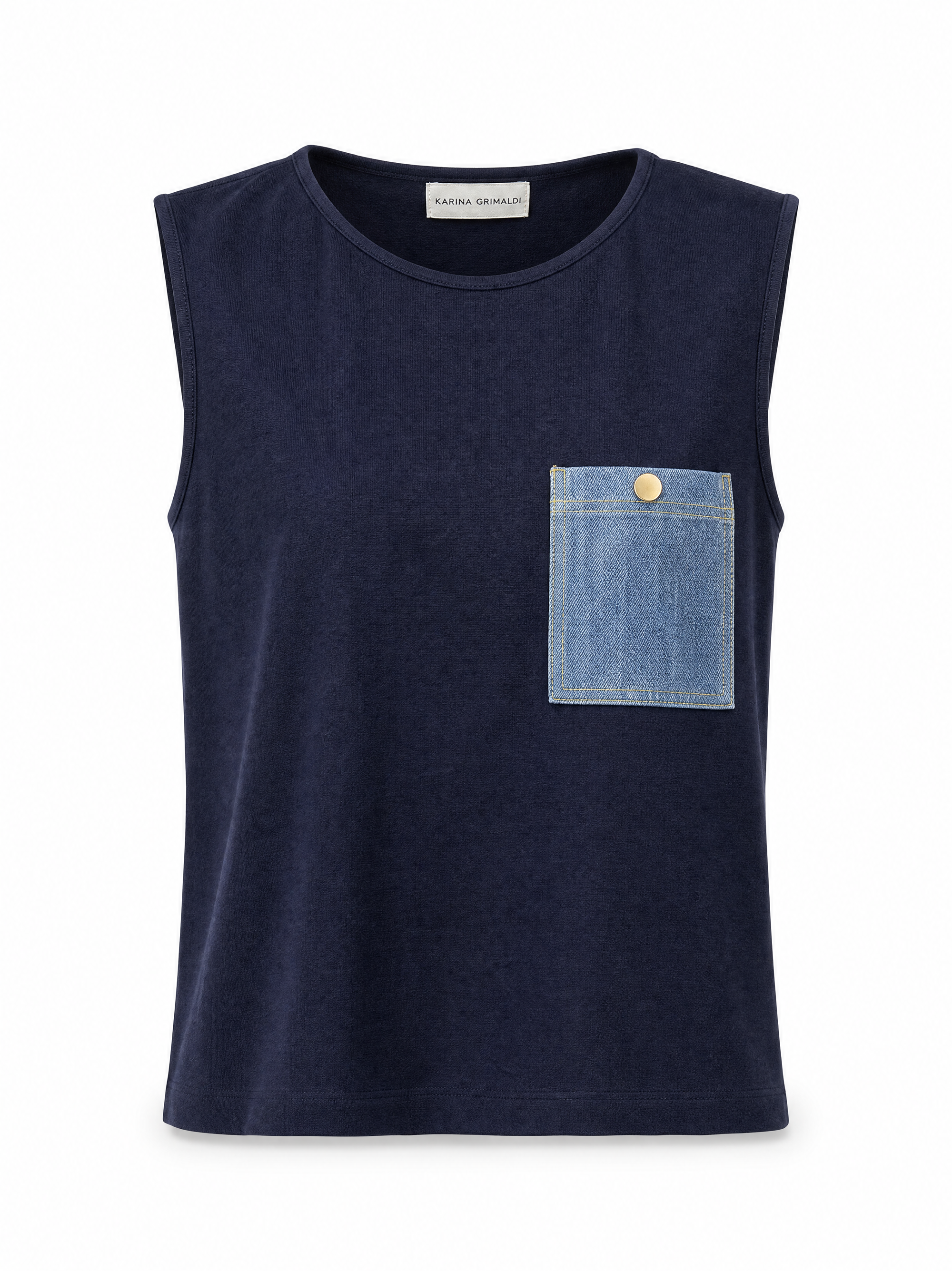 Onyx knit top in navy showing the single contrast denim chest pocket with a gold button, front view.