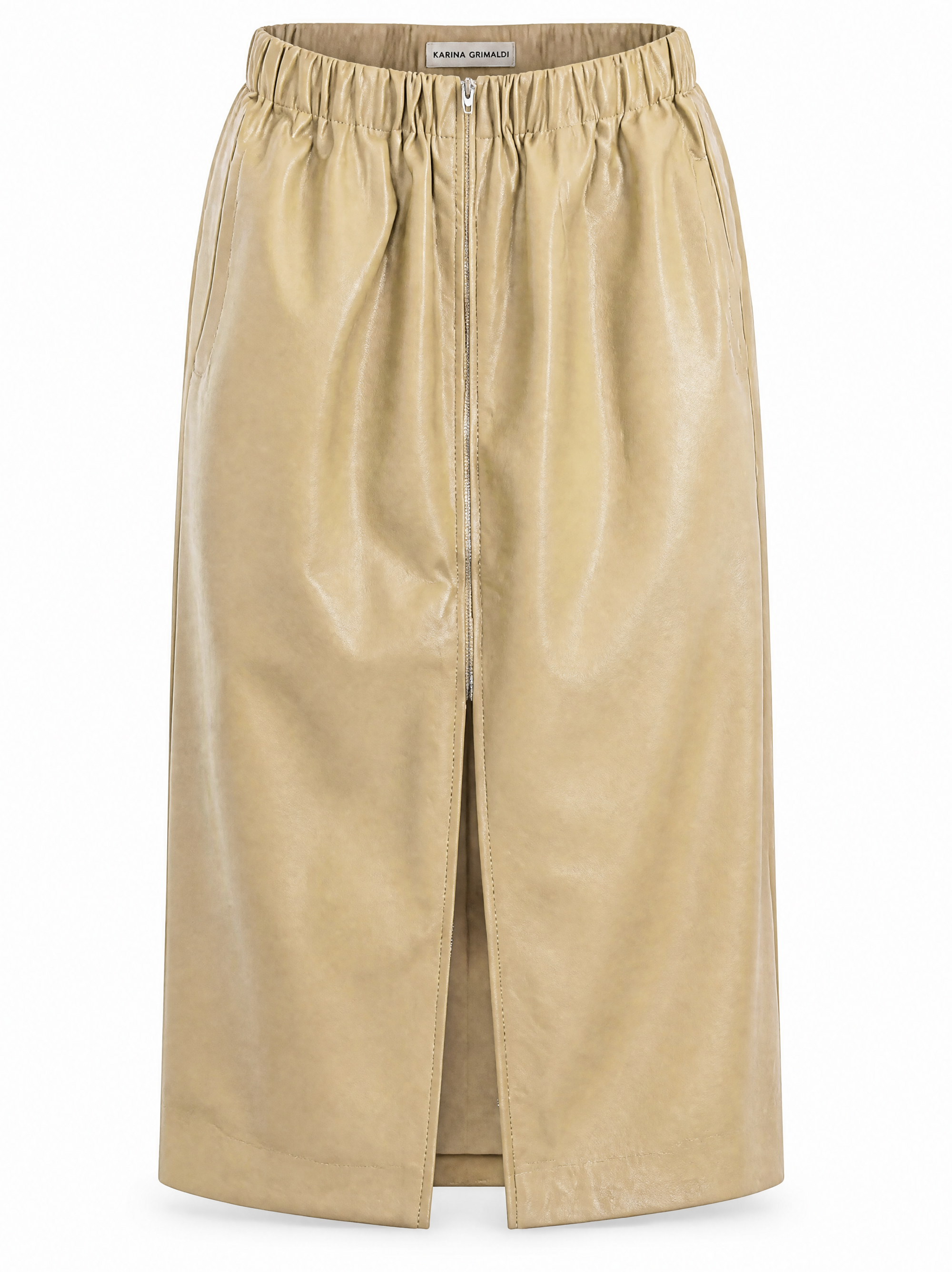 Enzo vegan leather midi skirt in camel showing the full length gold front zip and drawcord waist, front view.