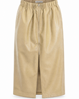 Enzo vegan leather midi skirt in camel showing the full length gold front zip and drawcord waist, front view.
