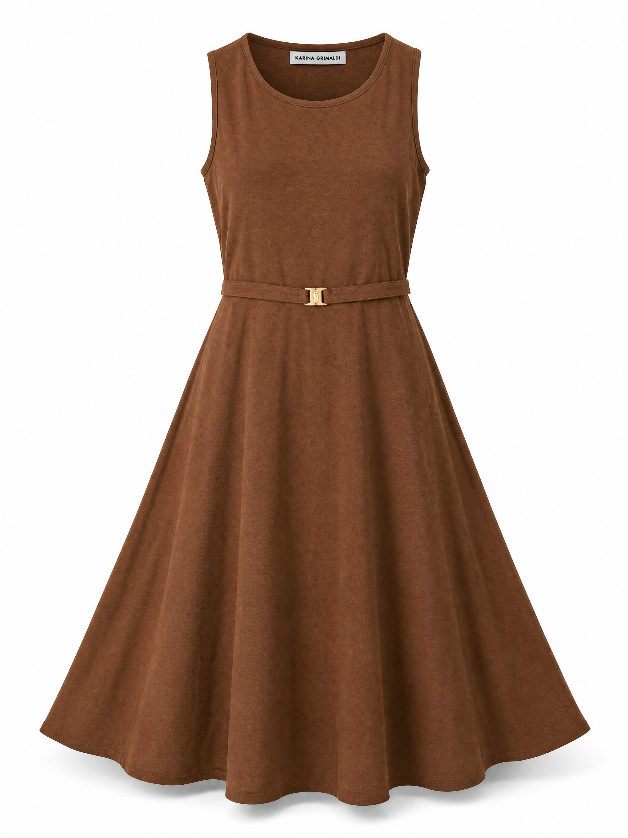 Ariene knit midi dress in copper cedar showing the scoop neck and gold buckle self belt, front view.