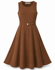 Ariene knit midi dress in copper cedar showing the scoop neck and gold buckle self belt, front view.