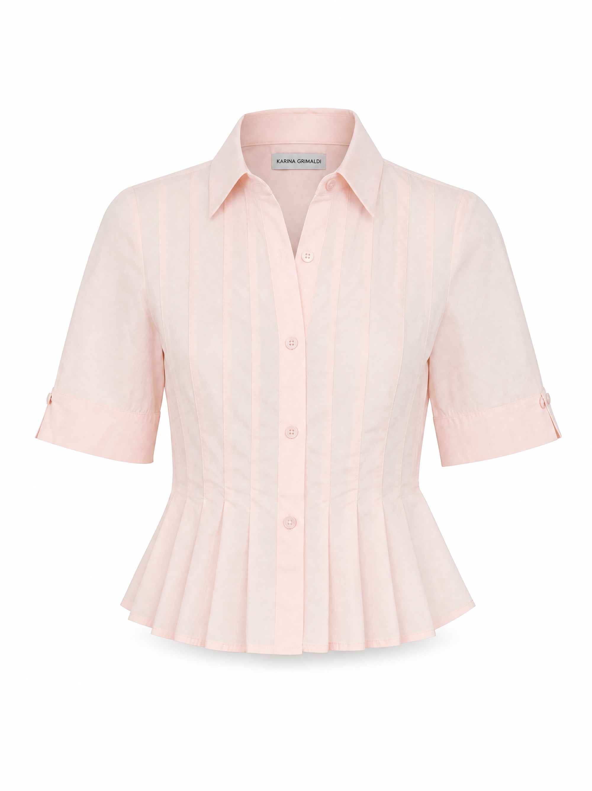 A light pink short-sleeve button-up shirt with vertical stripes and a peplum hem, shown on a plain white background.