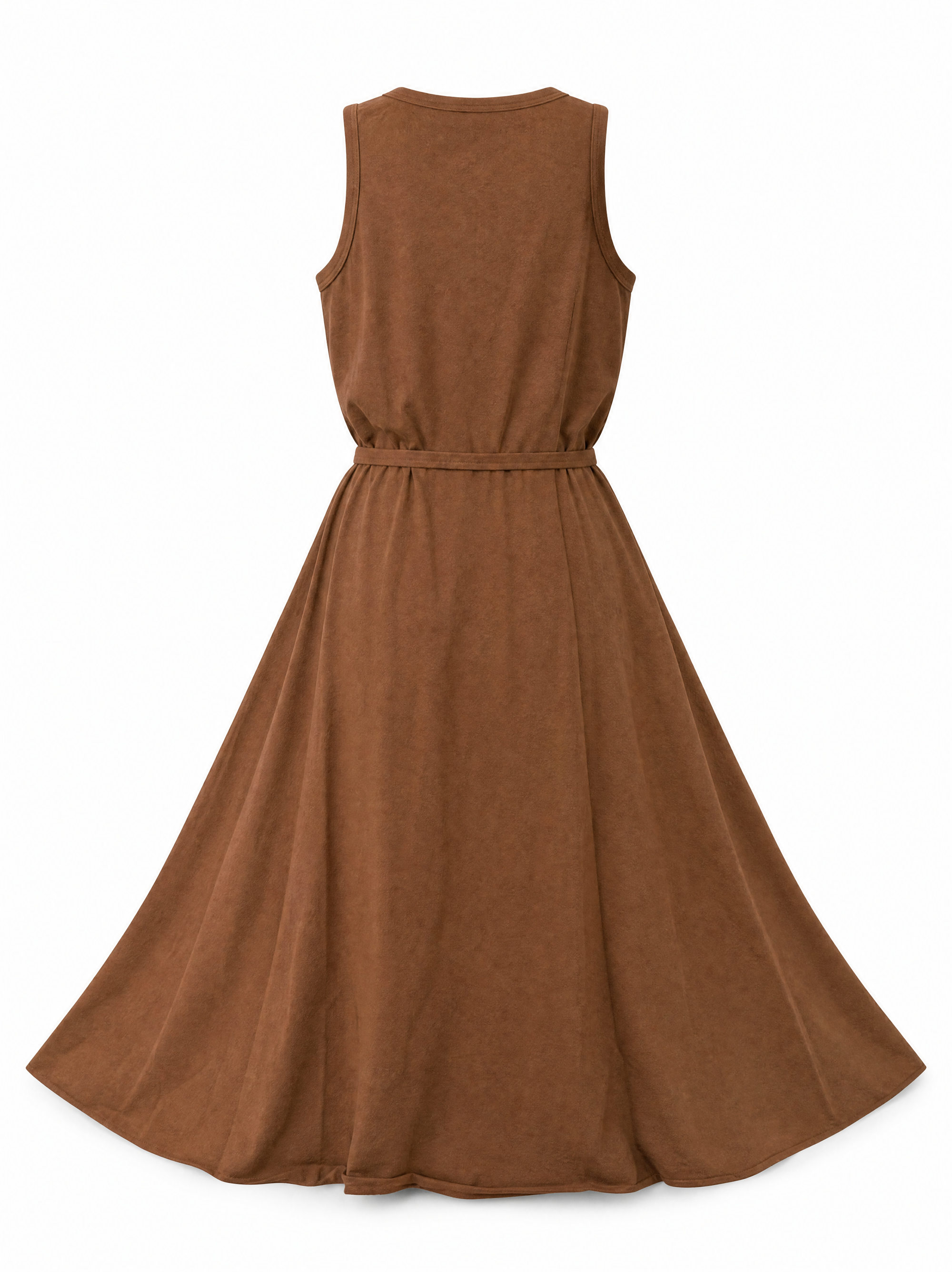Ariene knit midi dress in copper cedar showing the fitted bodice and full A line skirt, back view.