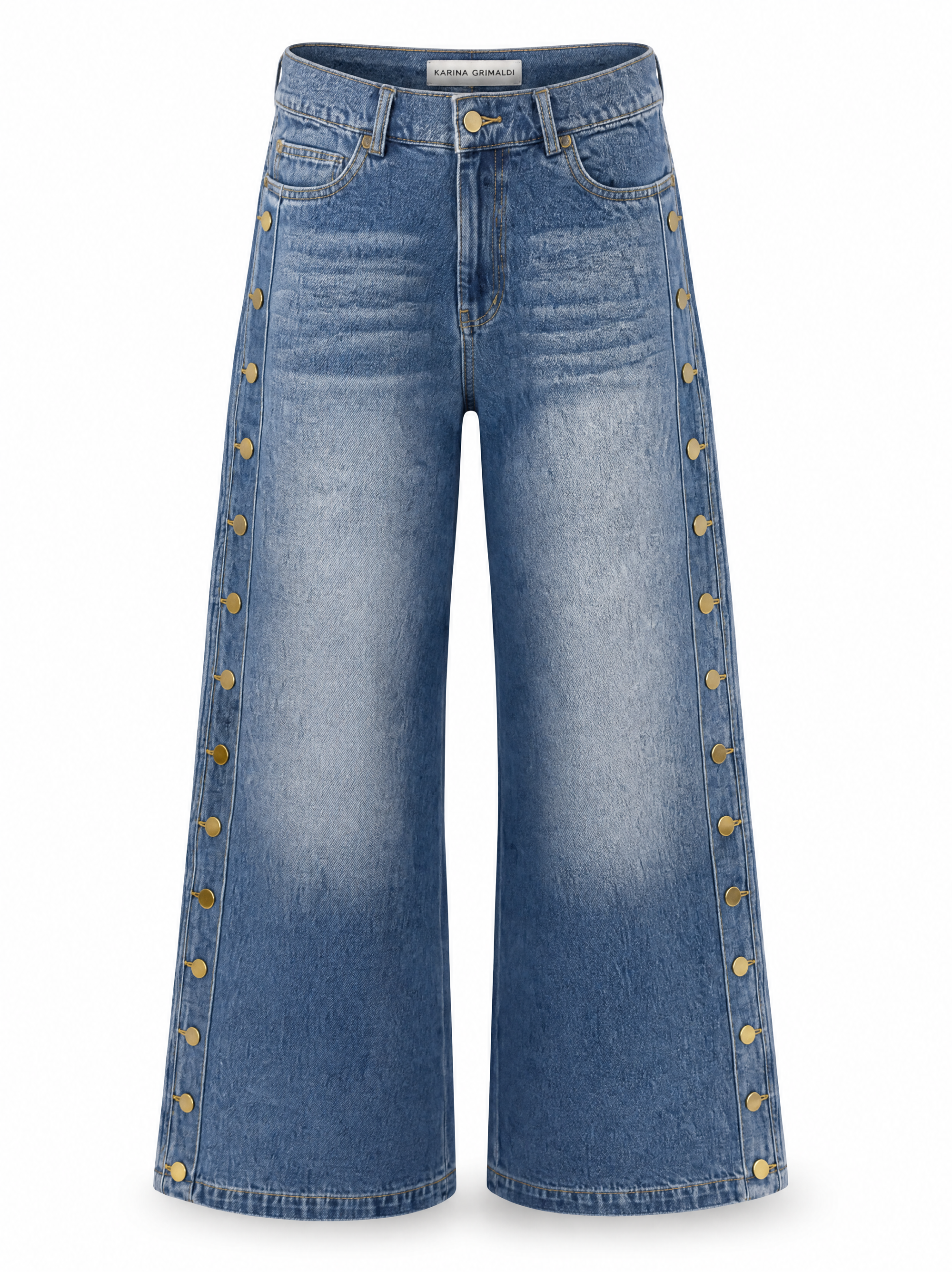 Mica wide leg jeans in denim blue showing the antique gold buttons down the outside seam, front view.