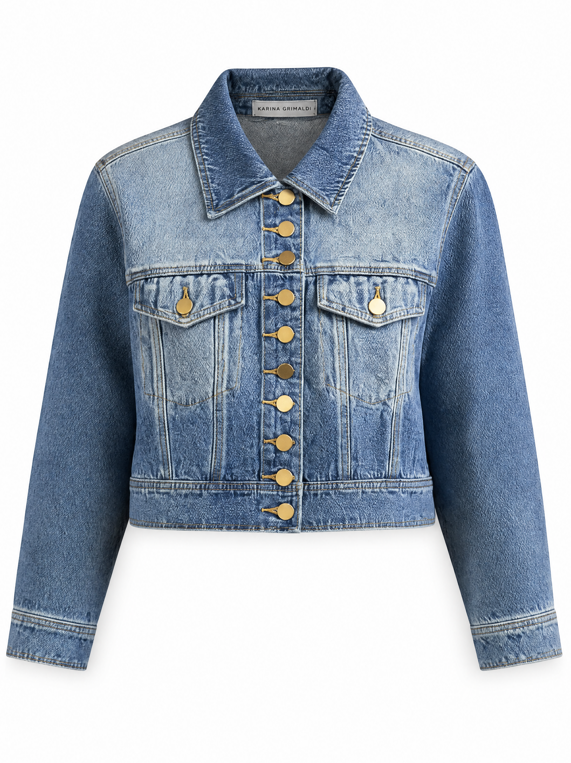 Mica cropped denim jacket showing the antique gold buttons and flap chest pockets, front view.