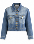Mica cropped denim jacket showing the antique gold buttons and flap chest pockets, front view.
