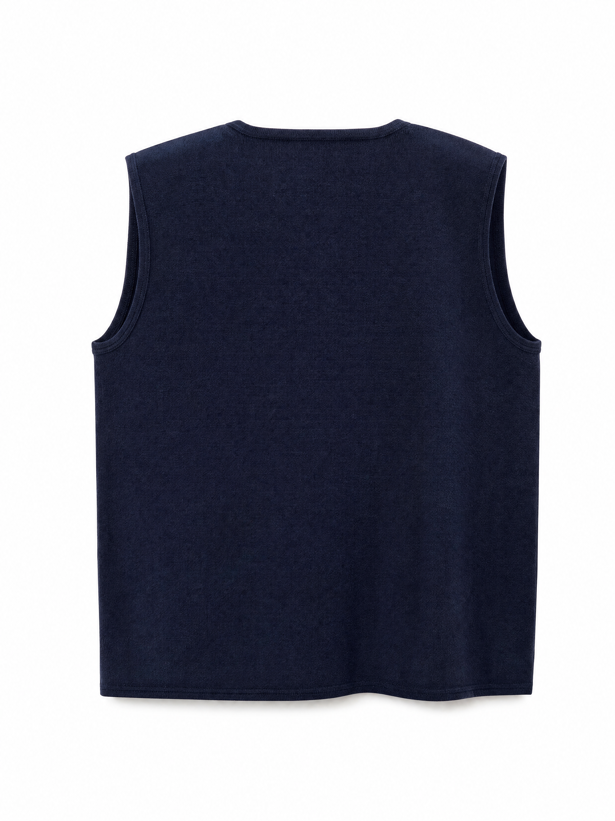Onyx knit top in navy, cropped and sleeveless, back view.