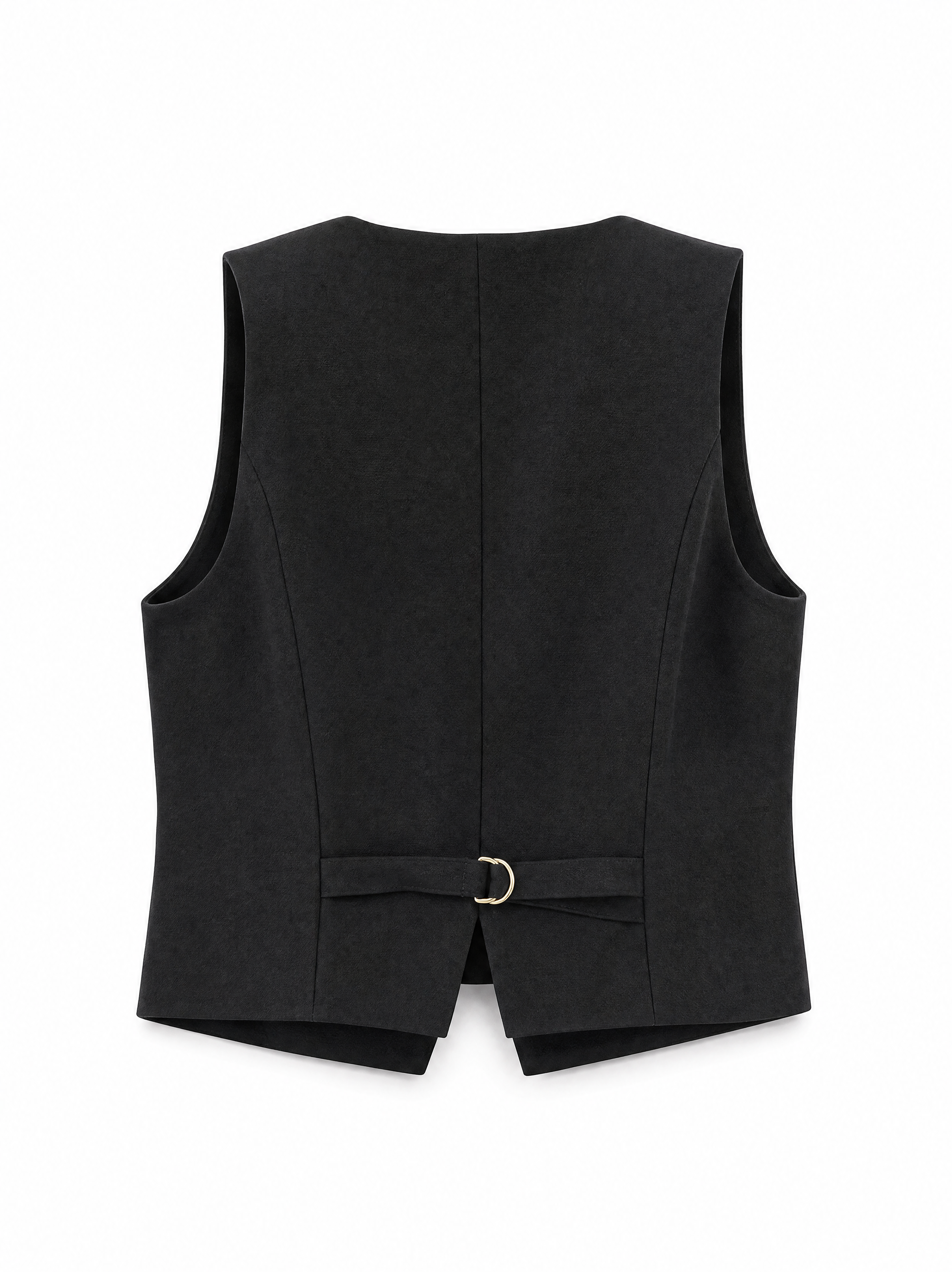 Agus waistcoat in black showing the princess seaming and back belt with a gold ring buckle, back view.