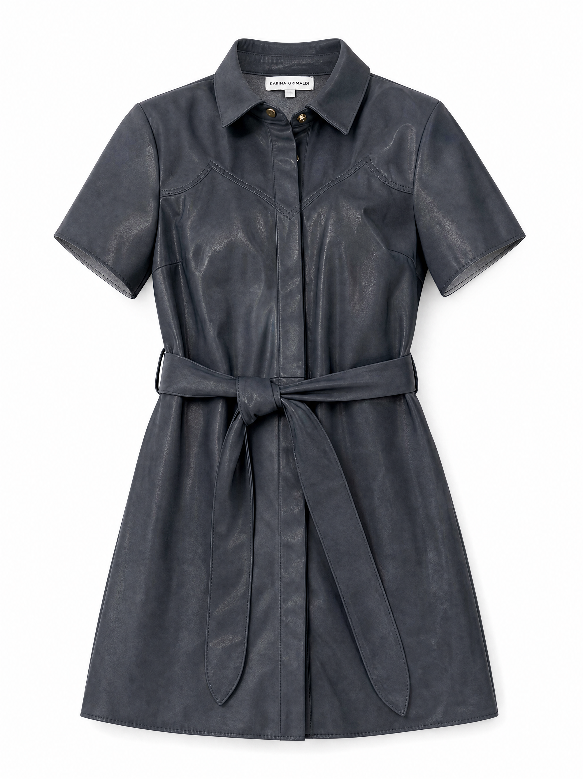 Mallie vegan leather mini shirtdress in navy showing the point collar and pinked trim at the sleeve, front view.