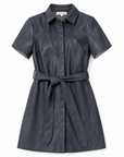 Mallie vegan leather mini shirtdress in navy showing the point collar and pinked trim at the sleeve, front view.