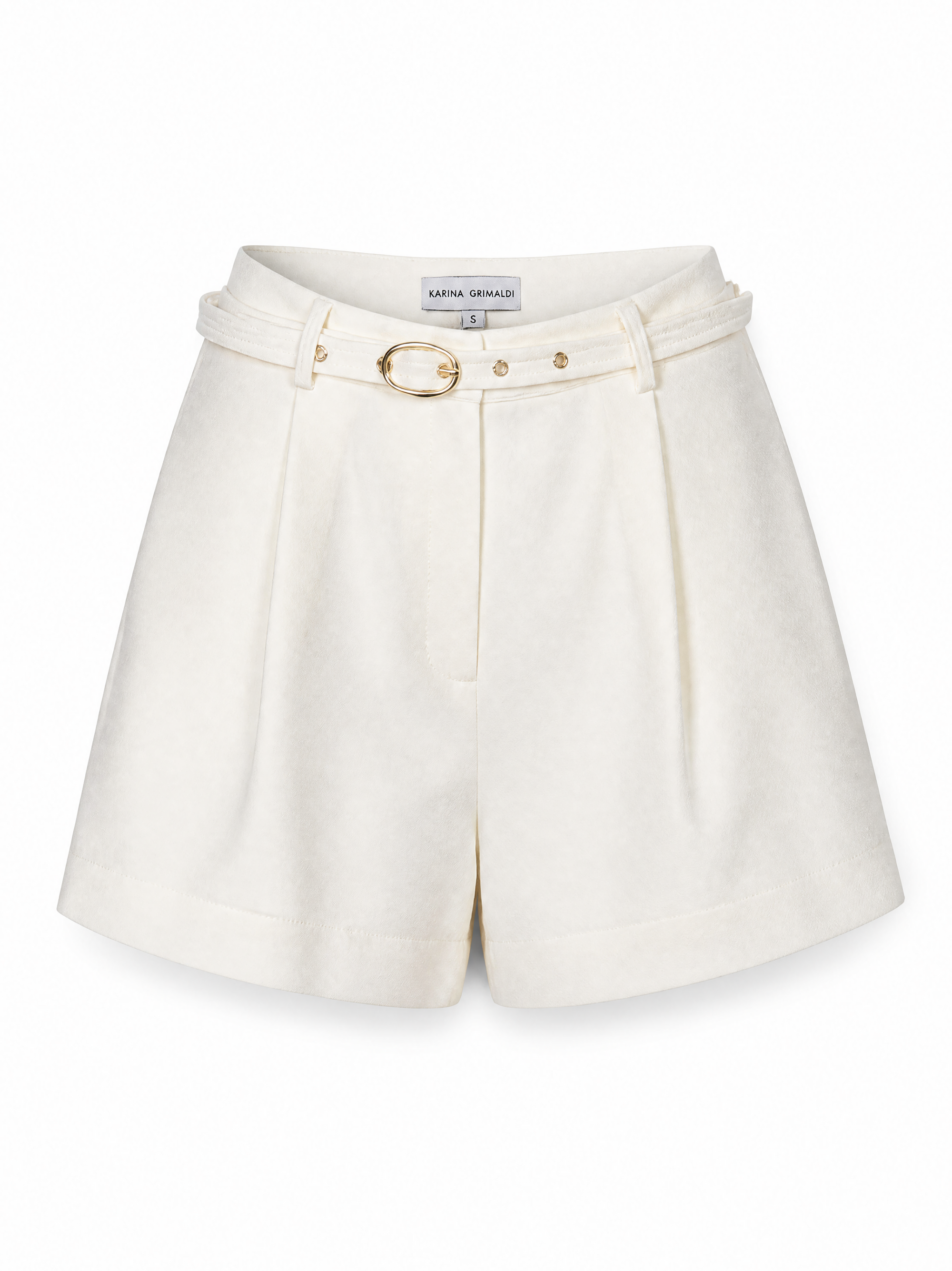 Off-white pleated shorts with a matching belt and gold-tone buckle, shown on a plain white background.