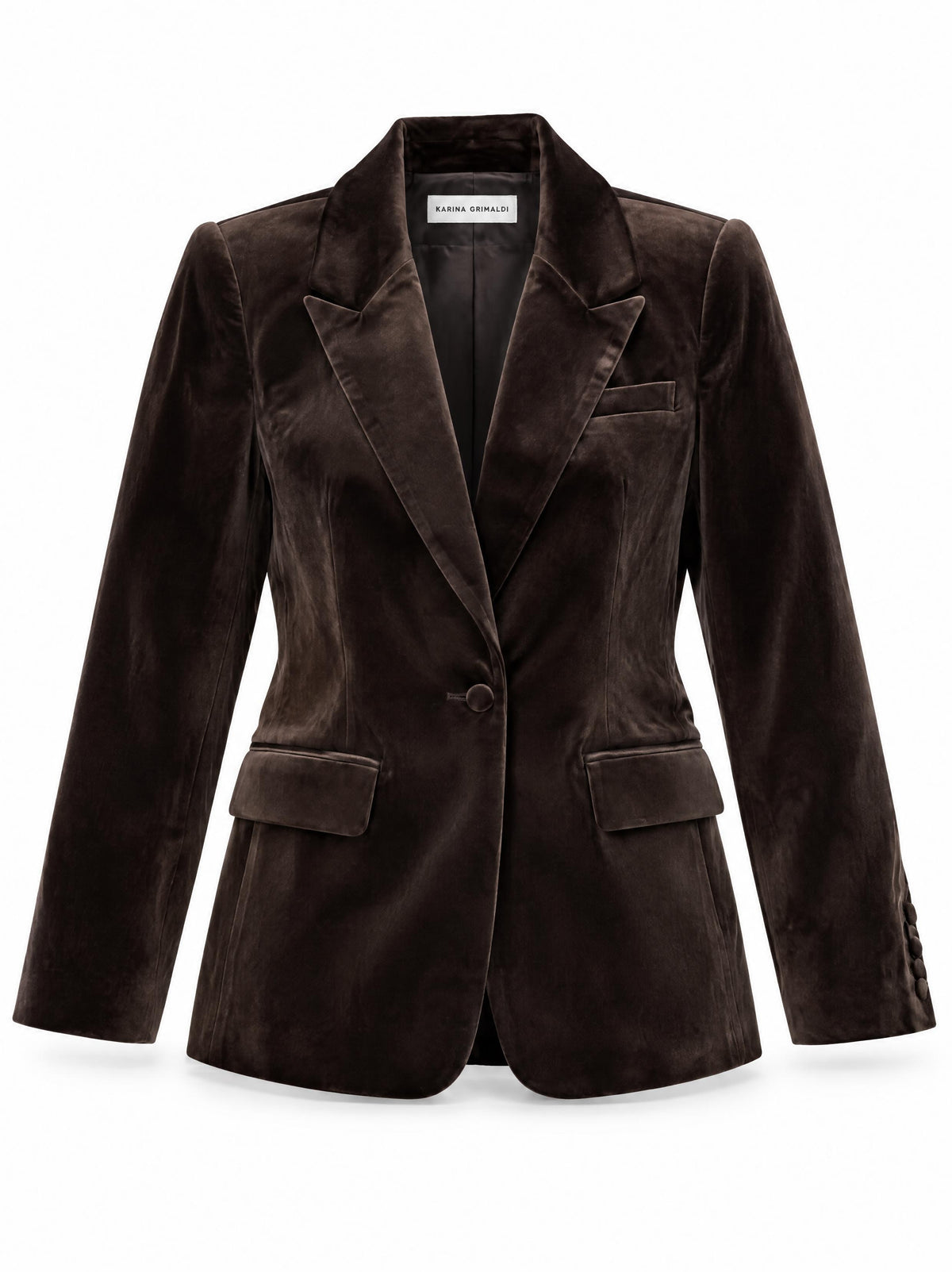 Karina Grimaldi Shon Velvet Jacket in chocolate brown, front view