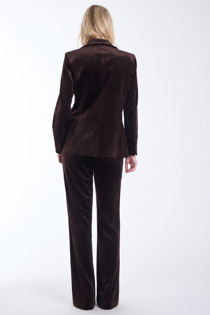 Karina Grimaldi Shon Velvet Jacket in chocolate brown, back view on model, worn with the matching velvet pants