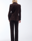 Karina Grimaldi Shon Velvet Jacket in chocolate brown, back view on model, worn with the matching velvet pants