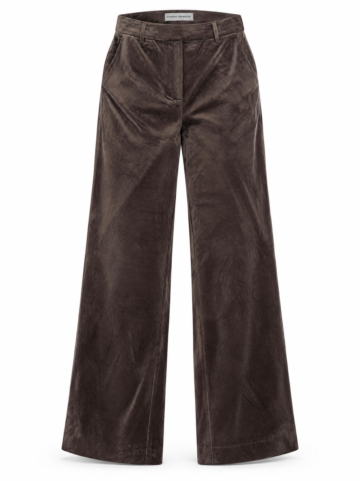 Karina Grimaldi Shon Velvet Pants in chocolate brown, front view