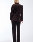 Karina Grimaldi Shon Velvet Pants in chocolate brown, back view on model, wide leg and full length, worn with the matching velvet jacket