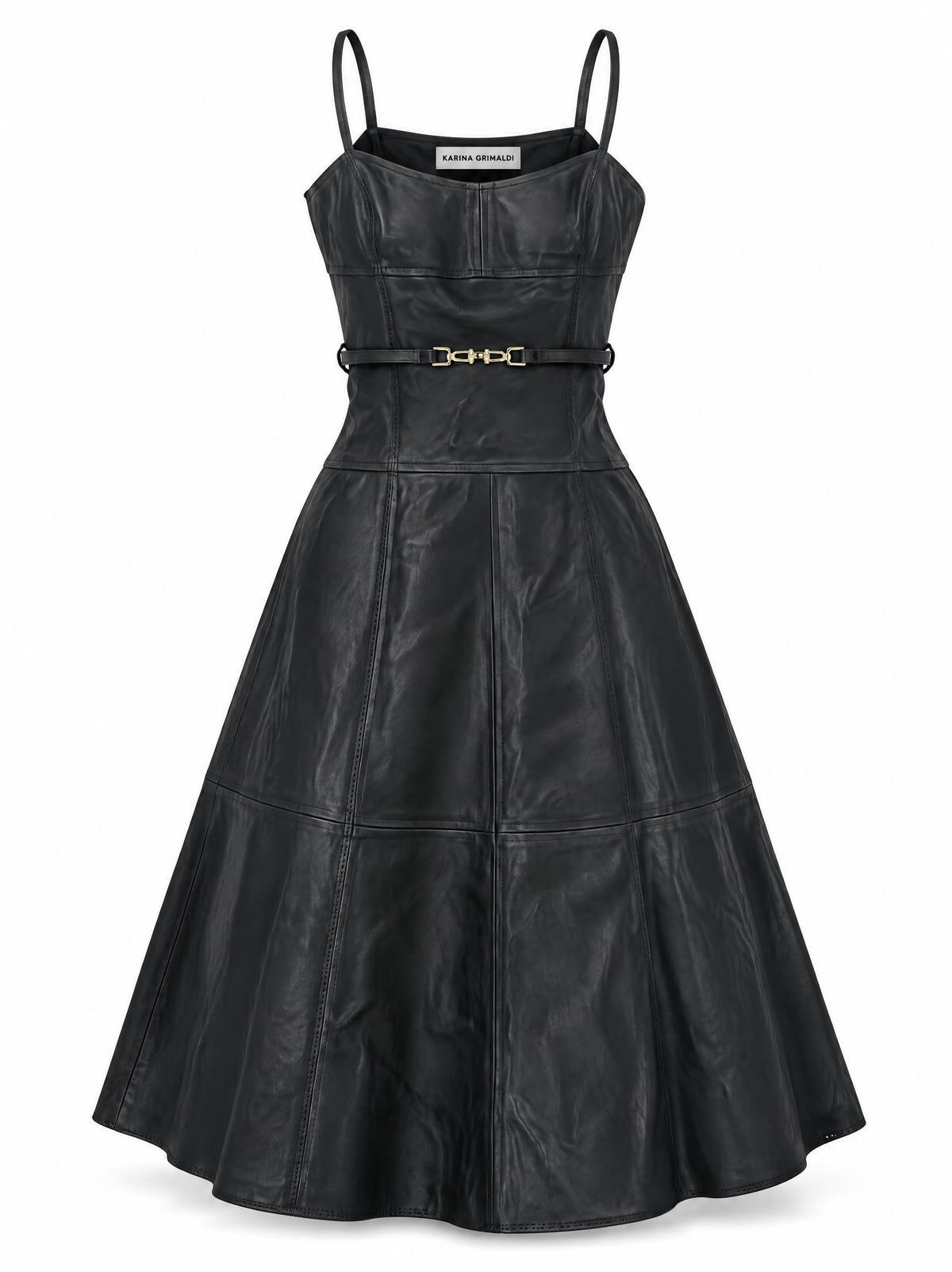 Karina Grimaldi Sofia Vegan Leather Dress in black, front view, spaghetti straps, sweetheart neckline, a slim belt at the waist and a panelled A line skirt