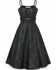 Karina Grimaldi Sofia Vegan Leather Dress in black, front view, spaghetti straps, sweetheart neckline, a slim belt at the waist and a panelled A line skirt