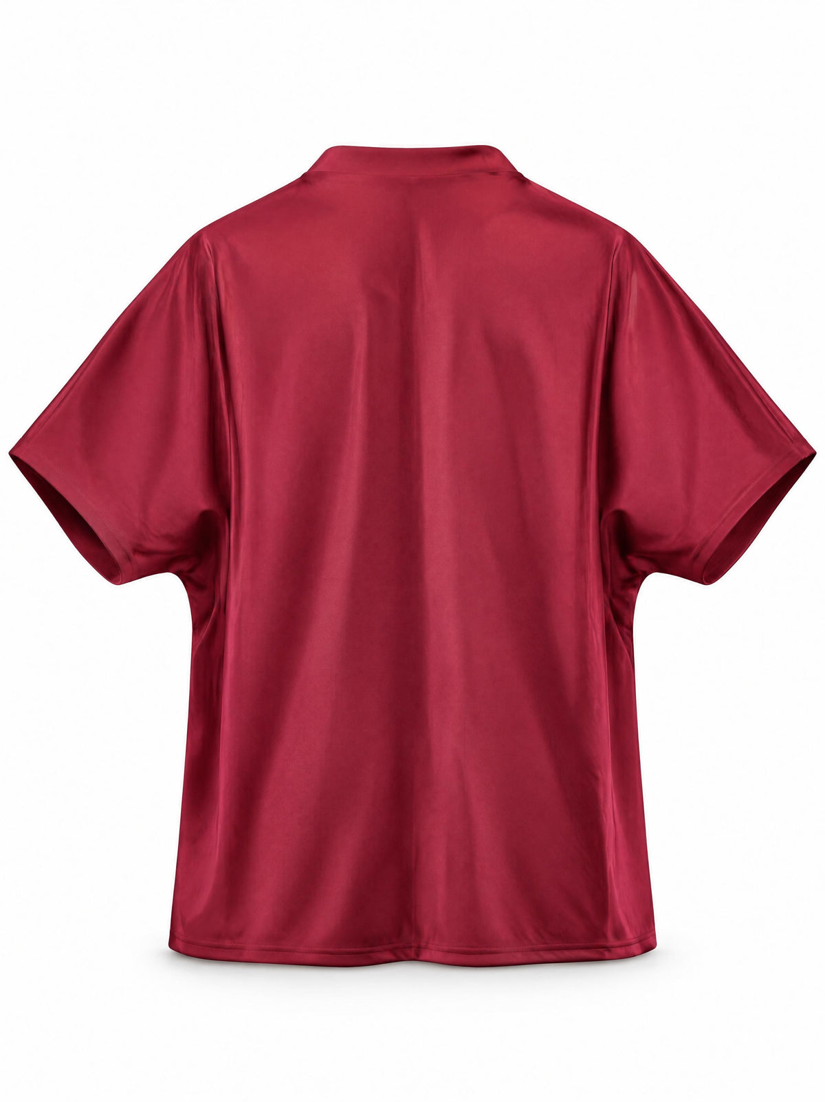 Karina Grimaldi Thea Blouse in mulberry satin, back view showing the stand collar and centre seam