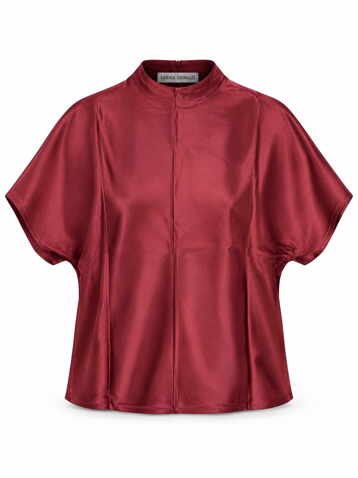 Karina Grimaldi Thea Blouse in mulberry satin, front view, high neck with short wide sleeves
