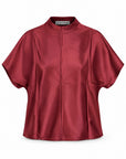 Karina Grimaldi Thea Blouse in mulberry satin, front view, high neck with short wide sleeves