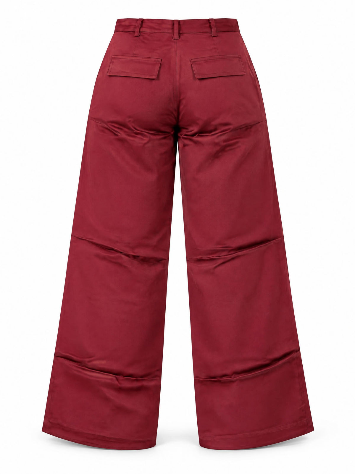 Karina Grimaldi Thea Pants in mulberry satin, back view with two flap pockets