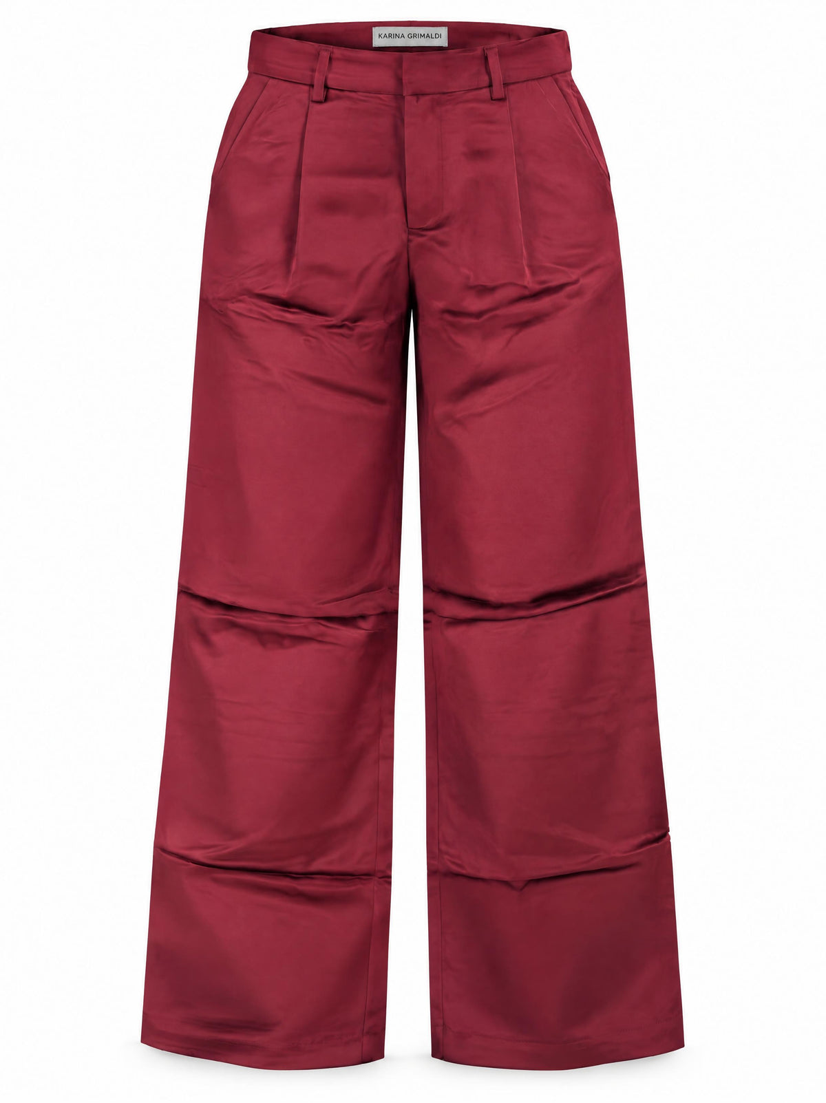 Karina Grimaldi Thea Pants in mulberry satin, front view, high waisted and wide leg with belt loops and a front pleat