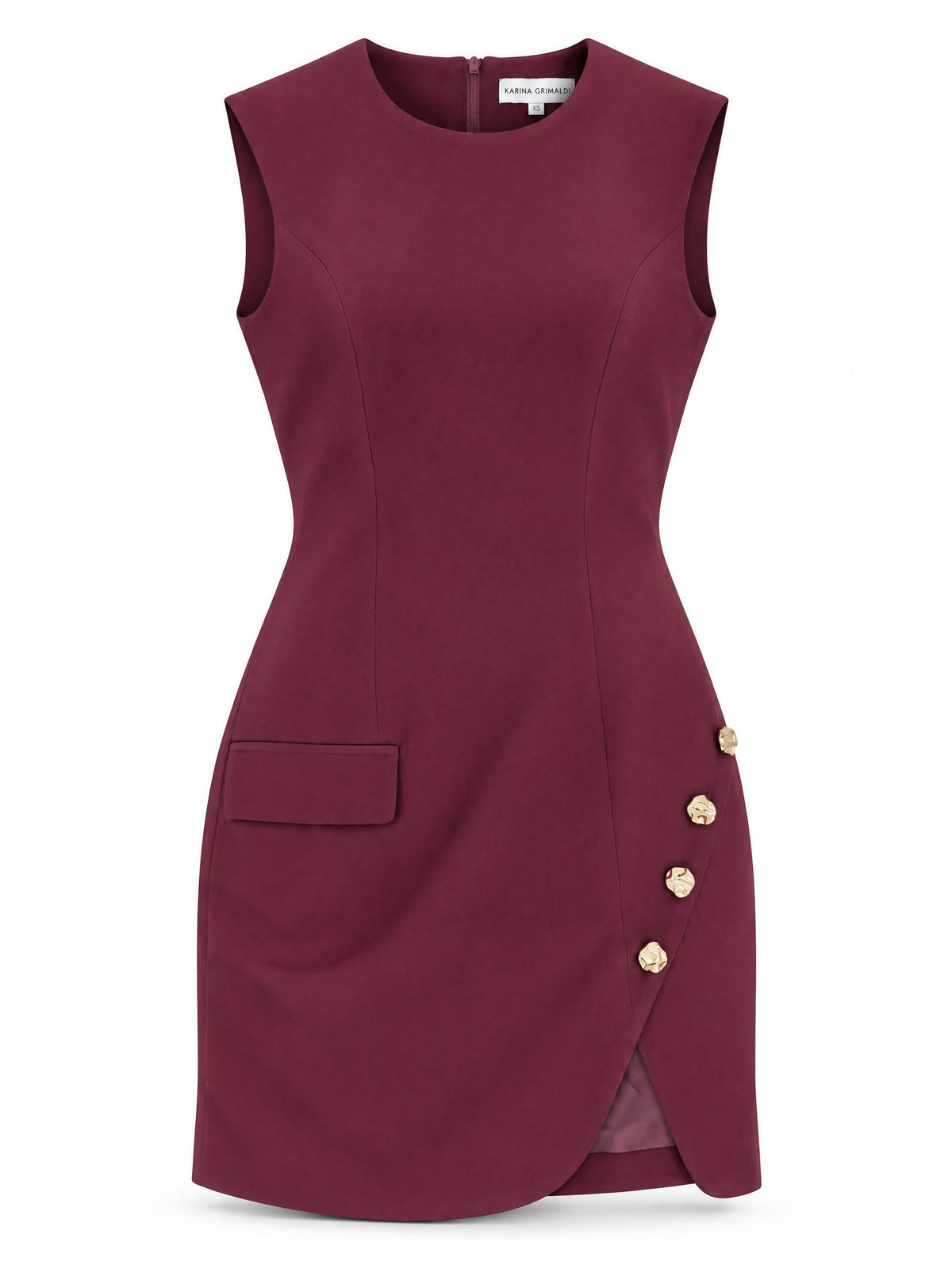 Karina Grimaldi Zarta Mini Dress in carbernet, front view, sleeveless and fitted with gold buttons and a curved wrap hem