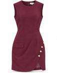 Karina Grimaldi Zarta Mini Dress in carbernet, front view, sleeveless and fitted with gold buttons and a curved wrap hem