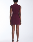 Karina Grimaldi Zarta Mini Dress in carbernet, back view on model, sleeveless with a centre back seam